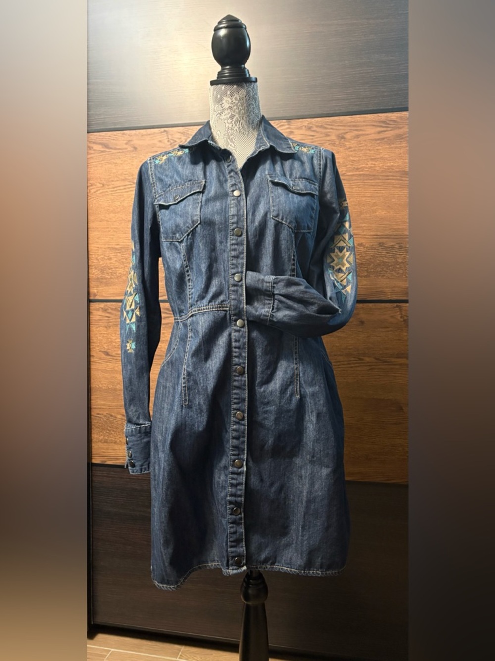 Stetson Denim Shirt Dress with Embroidered Sleeves - Blue